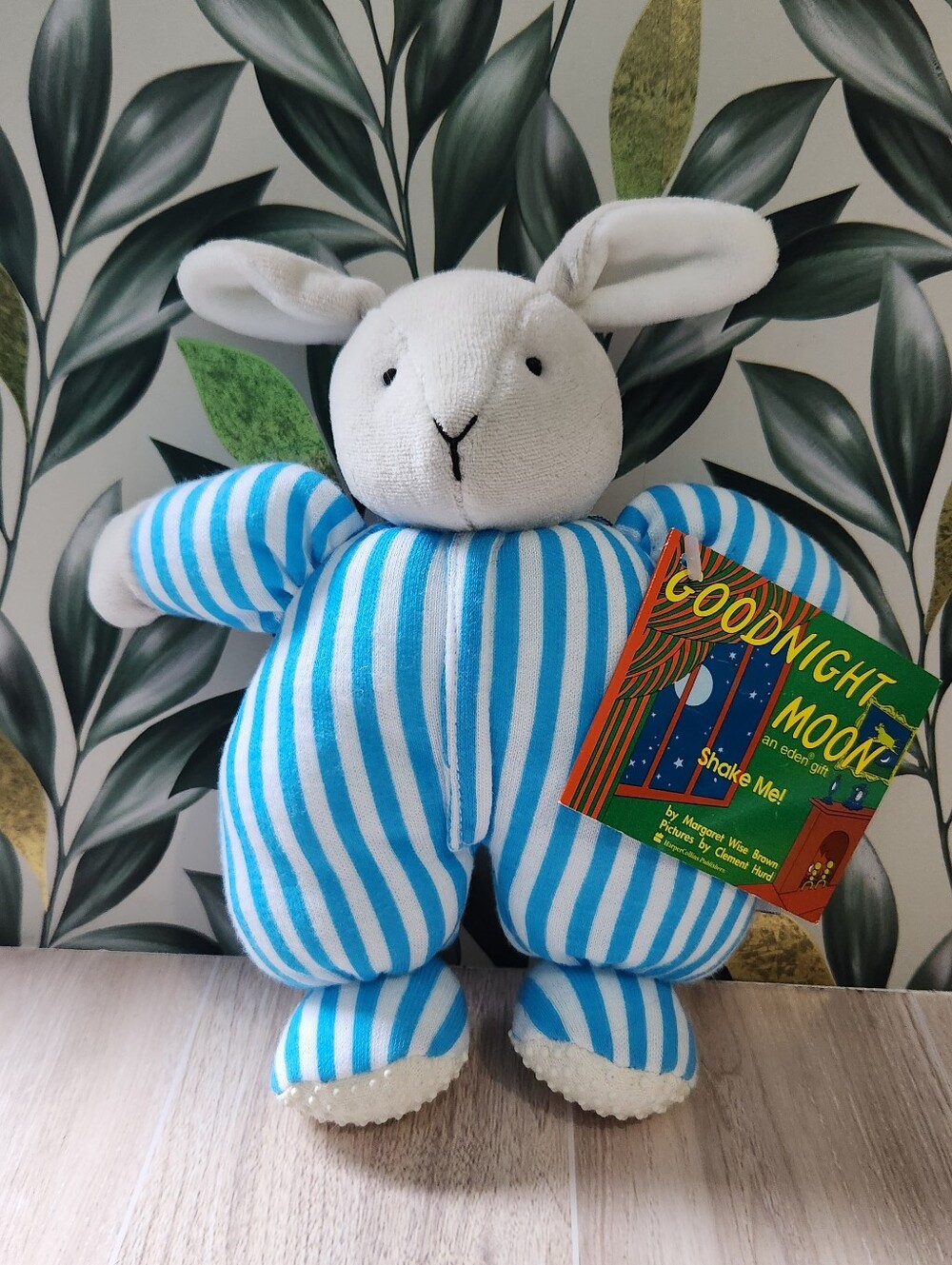 Vintage Eden Goodnight Moon Blue Striped Bunny Rattle Plush